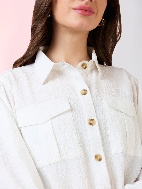 Globus Women White Self Design Collared Neck Puffed Sleeves Shirt Style Workwear Crop Top with Utility Pockets
