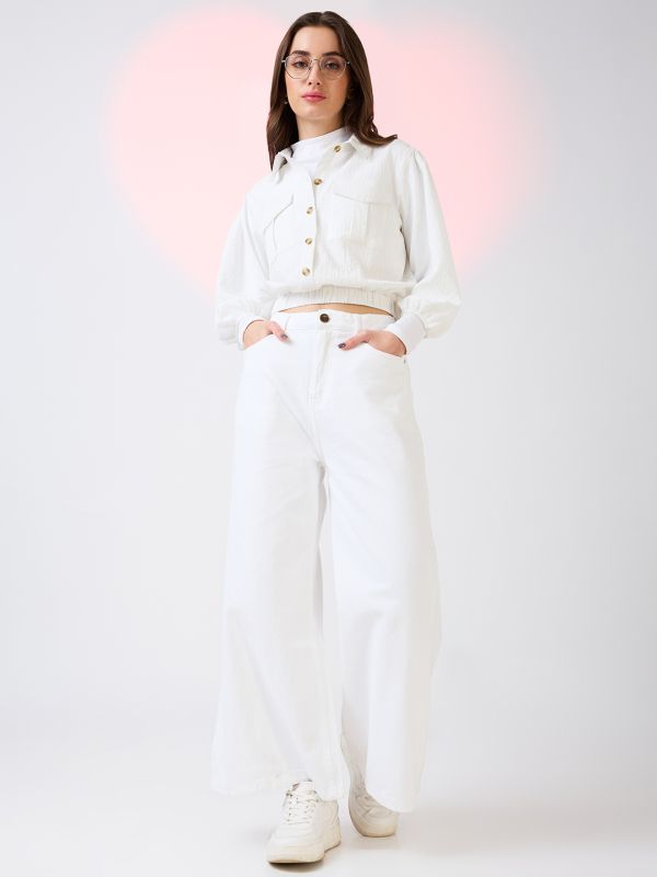 Globus Women White Self Design Collared Neck Puffed Sleeves Shirt Style Workwear Crop Top with Utility Pockets