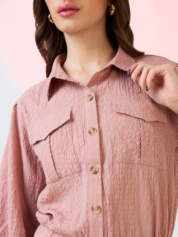 Globus Women Pink Self Design Collared Neck Puffed Sleeves Shirt Style Workwear Crop Top with Utility Pockets