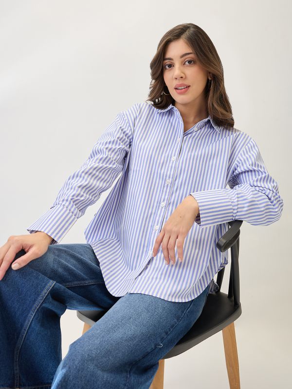 Globus Women Blue Cuffed Sleeves Vertical Stripes Curved Hem Oversized Workwear Shirt