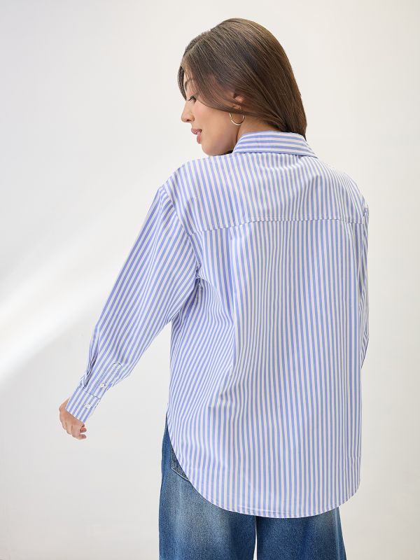 Globus Women Blue Cuffed Sleeves Vertical Stripes Curved Hem Oversized Workwear Shirt