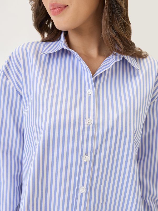Globus Women Blue Cuffed Sleeves Vertical Stripes Curved Hem Oversized Workwear Shirt