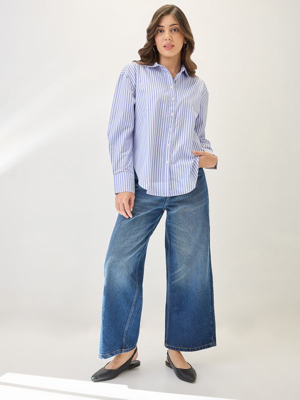 Globus Women Blue Cuffed Sleeves Vertical Stripes Curved Hem Oversized Workwear Shirt