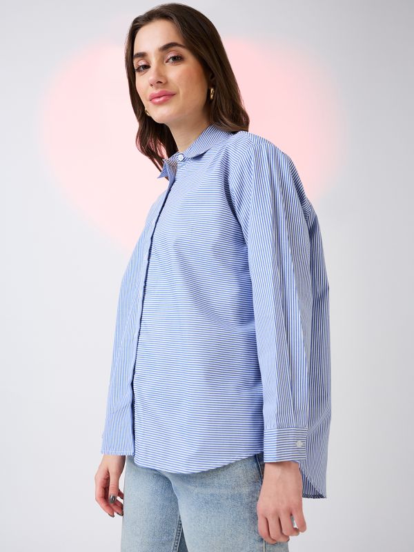 Globus Women Blue Collared Neck Cuffed Sleeves Striped Pattern Oversized Shirt Style Work Wear Top