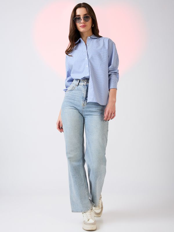 Globus Women Blue Collared Neck Cuffed Sleeves Striped Pattern Oversized Shirt Style Work Wear Top