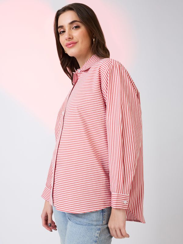 Globus Women Red Collared Neck Cuffed Sleeves Striped Pattern Oversized Shirt Style Work Wear Top