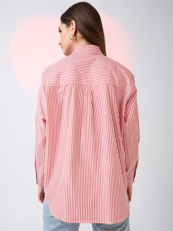 Globus Women Red Collared Neck Cuffed Sleeves Striped Pattern Oversized Shirt Style Work Wear Top