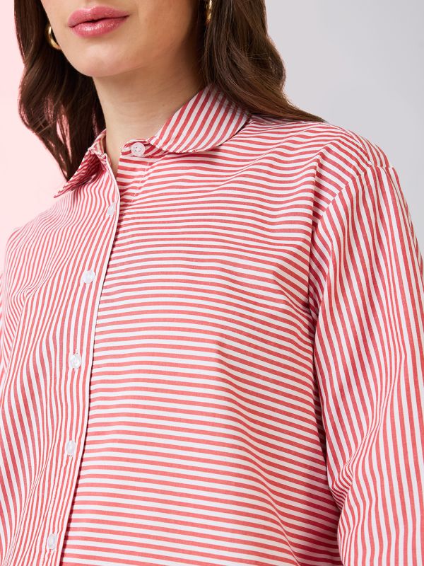 Globus Women Red Collared Neck Cuffed Sleeves Striped Pattern Oversized Shirt Style Work Wear Top