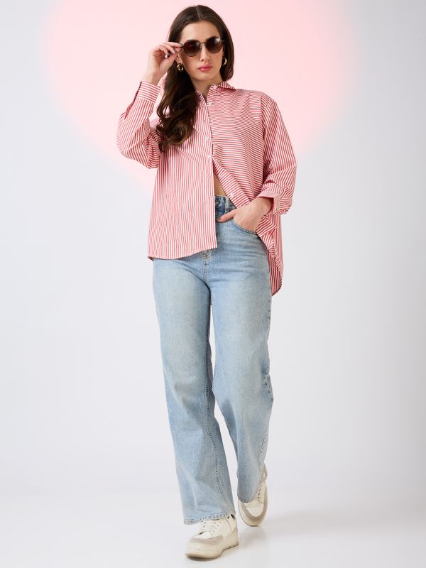 Globus Women Red Collared Neck Cuffed Sleeves Striped Pattern Oversized Shirt Style Work Wear Top