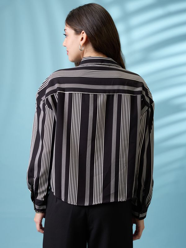 Globus Women Black Vertical & Horizontal Stripes Collared Neck Cuffed Sleeves Oversized Shirt Style Top