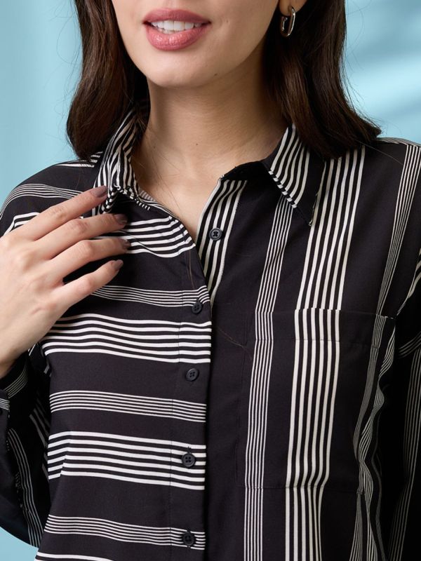 Globus Women Black Vertical & Horizontal Stripes Collared Neck Cuffed Sleeves Oversized Shirt Style Top
