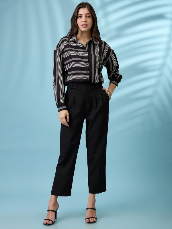 Globus Women Black Vertical & Horizontal Stripes Collared Neck Cuffed Sleeves Oversized Shirt Style Top