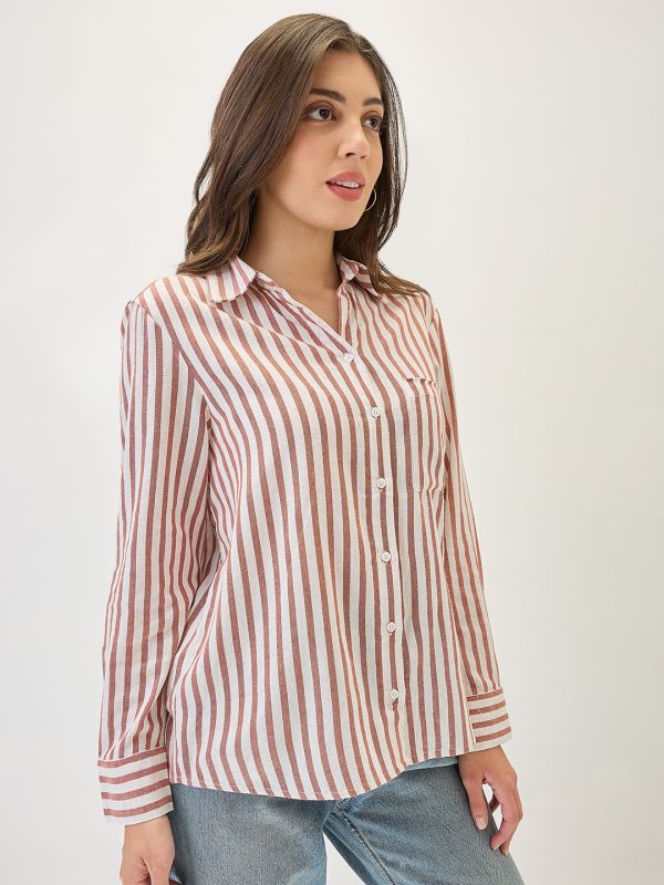 Globus Women Peach Cuffed Sleeves Vertical Stripes Chest Pocket Curved Hem Workwear Shirt