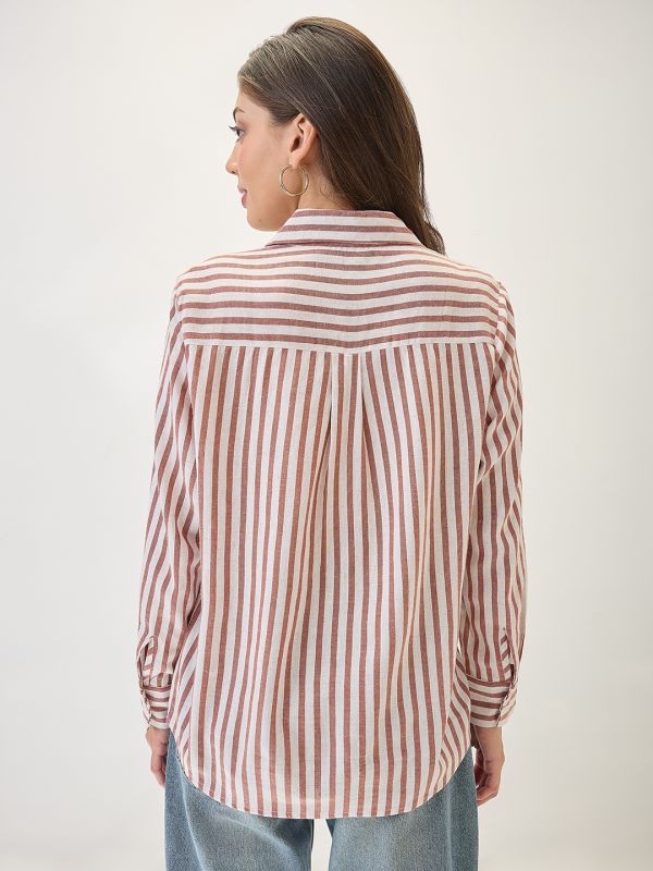 Globus Women Peach Cuffed Sleeves Vertical Stripes Chest Pocket Curved Hem Workwear Shirt