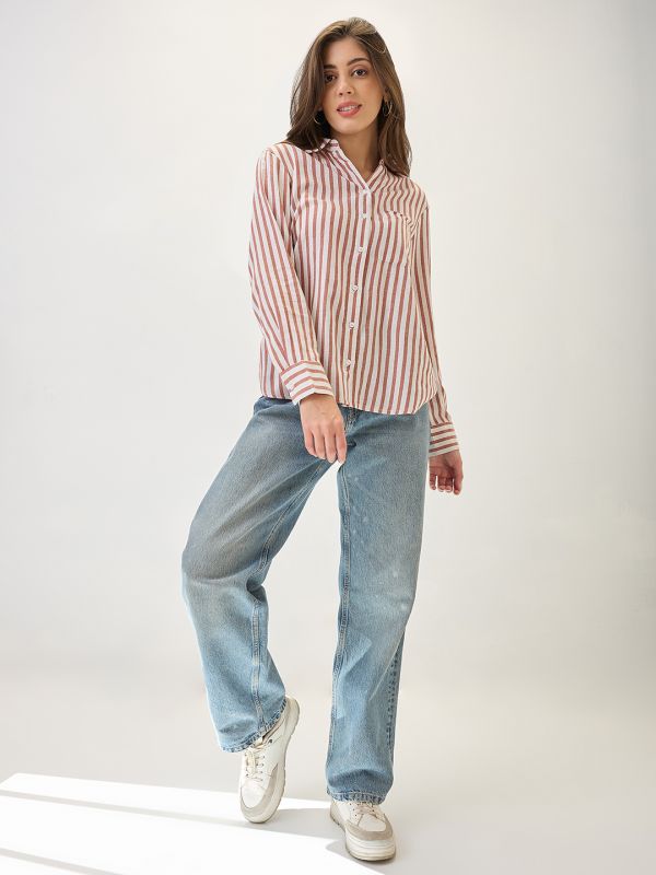 Globus Women Peach Cuffed Sleeves Vertical Stripes Chest Pocket Curved Hem Workwear Shirt