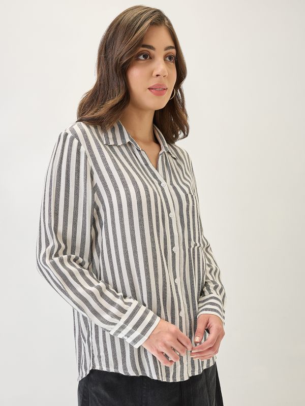 Globus Women Black Cuffed Sleeves Vertical Stripes Chest Pocket Curved Hem Workwear Shirt
