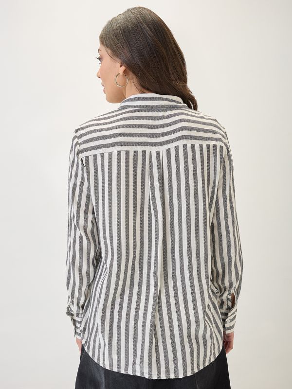 Globus Women Black Cuffed Sleeves Vertical Stripes Chest Pocket Curved Hem Workwear Shirt