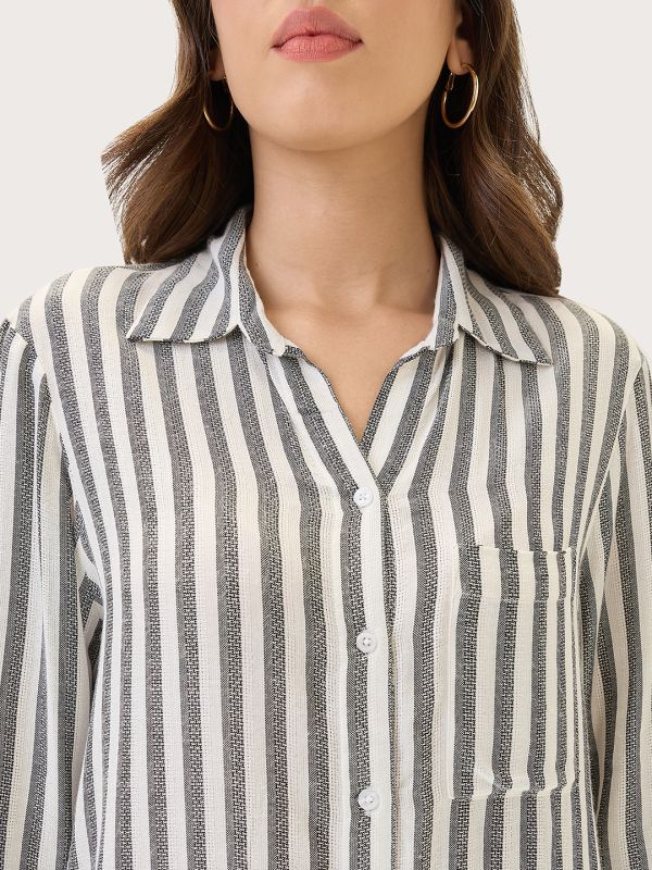 Globus Women Black Cuffed Sleeves Vertical Stripes Chest Pocket Curved Hem Workwear Shirt