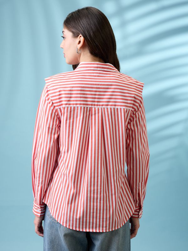 Globus Women Red Striped Collared Neck Cuffed Sleeves Curved Hem Shirt