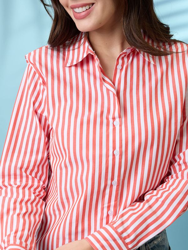 Globus Women Red Striped Collared Neck Cuffed Sleeves Curved Hem Shirt