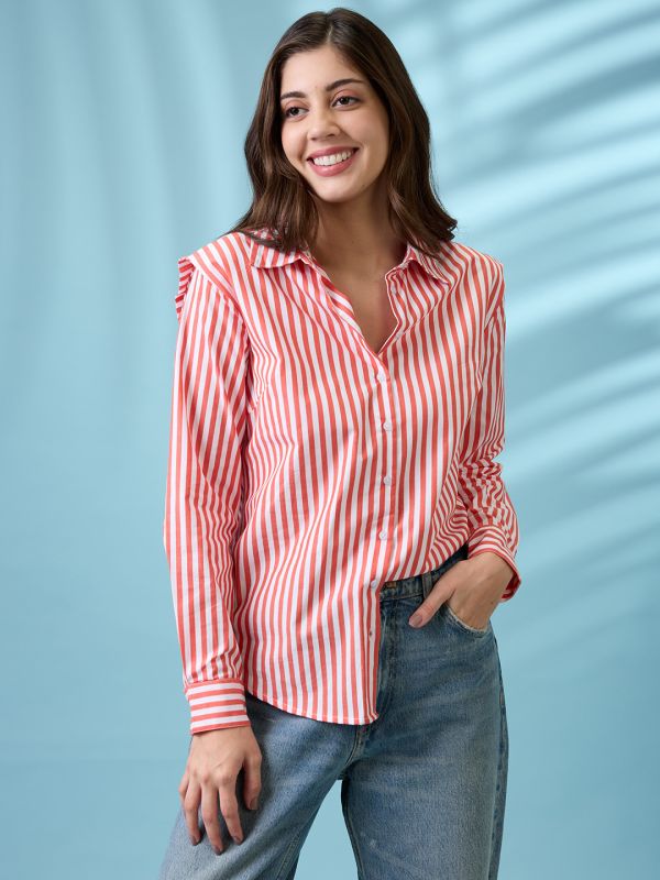 Globus Women Red Striped Collared Neck Cuffed Sleeves Curved Hem Shirt
