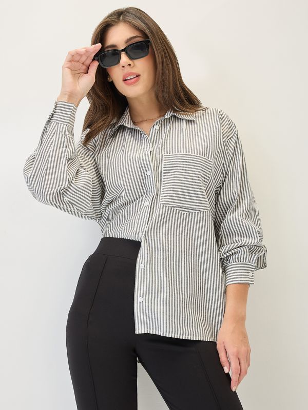 Globus Women Black Cuffed Sleeves Vertical Stripes Chest Pocket High-Low Hem Oversized Workwear Shirt