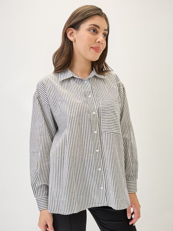 Globus Women Black Cuffed Sleeves Vertical Stripes Chest Pocket High-Low Hem Oversized Workwear Shirt