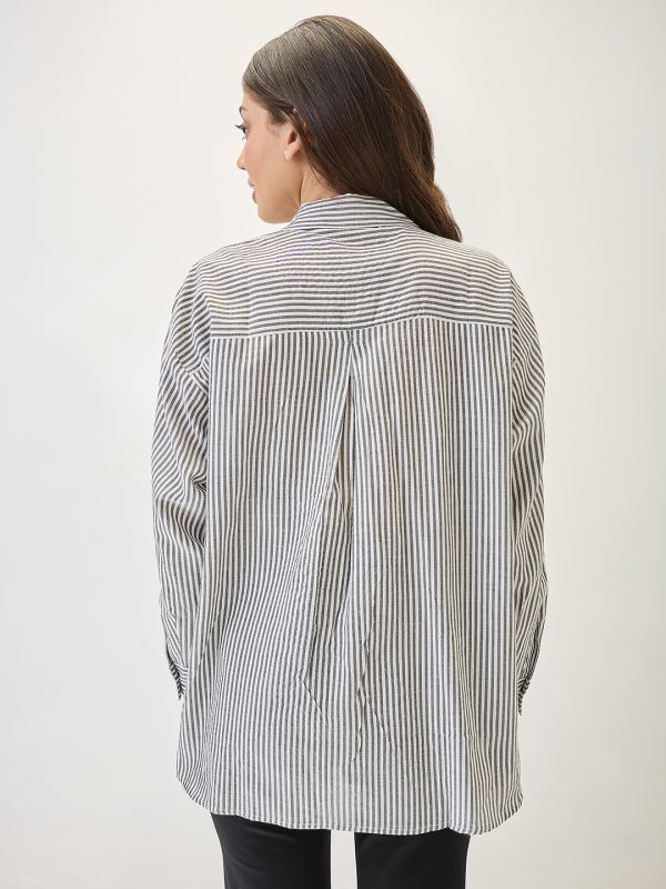 Globus Women Black Cuffed Sleeves Vertical Stripes Chest Pocket High-Low Hem Oversized Workwear Shirt