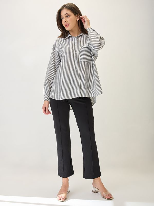 Globus Women Black Cuffed Sleeves Vertical Stripes Chest Pocket High-Low Hem Oversized Workwear Shirt