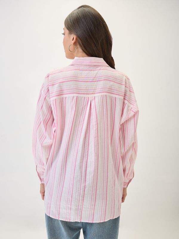 Globus Women Pink Cuffed Sleeves Vertical Stripes Chest Pocket High-Low Hem Oversized Workwear Shirt