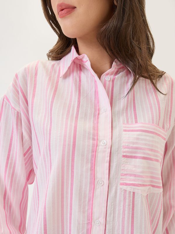 Globus Women Pink Cuffed Sleeves Vertical Stripes Chest Pocket High-Low Hem Oversized Workwear Shirt