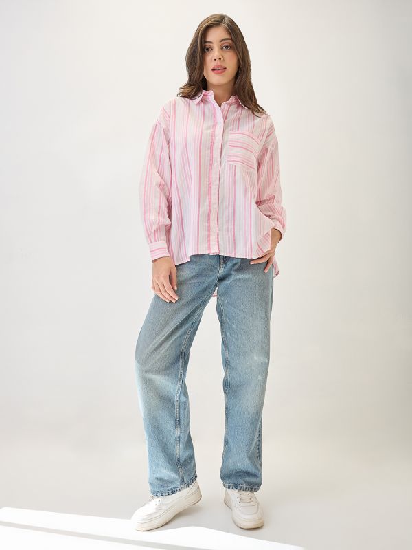 Globus Women Pink Cuffed Sleeves Vertical Stripes Chest Pocket High-Low Hem Oversized Workwear Shirt