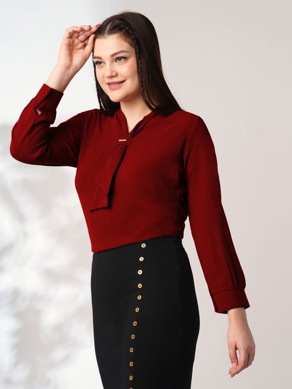 Globus Women Maroon Tie-Up Neck Cuffed Sleeves Workwear Top