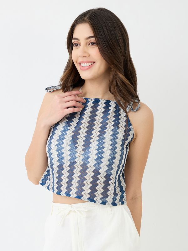 Globus Women Blue Tie-up Strappy Sleeve Chevron Pattern Crochet Crop Top
