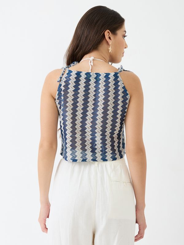 Globus Women Blue Tie-up Strappy Sleeve Chevron Pattern Crochet Crop Top
