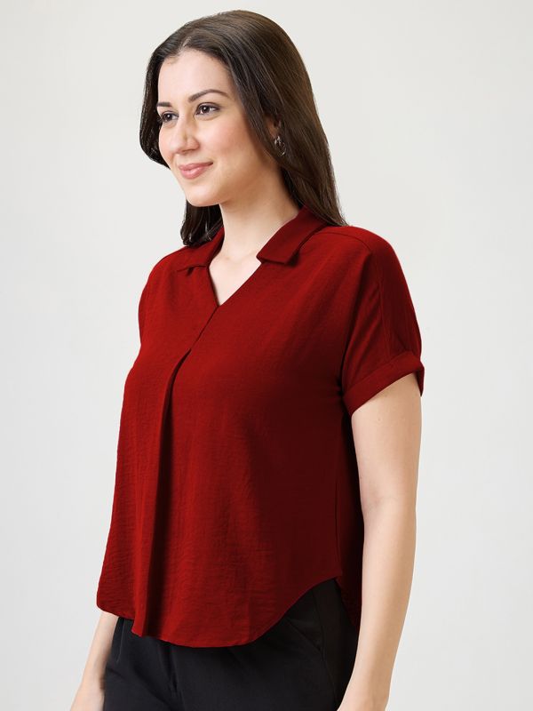 Globus Women Magenta Collar Neck Extended Sleeves Self Design Shirt Style Workwear Top