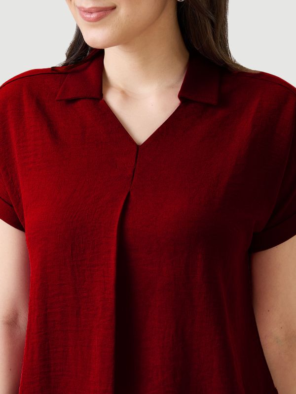 Globus Women Magenta Collar Neck Extended Sleeves Self Design Shirt Style Workwear Top