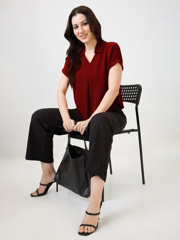 Globus Women Magenta Collar Neck Extended Sleeves Self Design Shirt Style Workwear Top