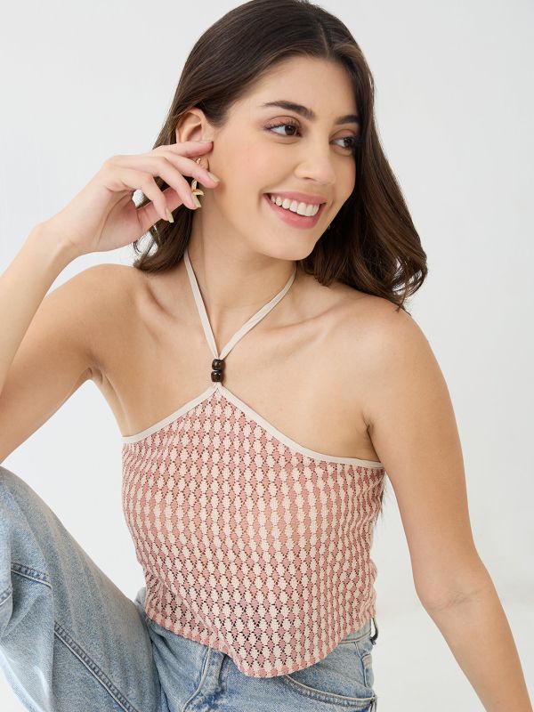 Globus Women Pink Halter Neck Backless Crochet Crop Top