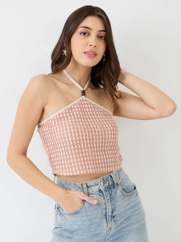 Globus Women Pink Halter Neck Backless Crochet Crop Top