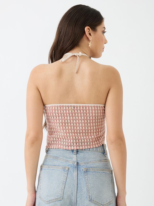 Globus Women Pink Halter Neck Backless Crochet Crop Top