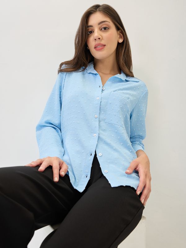 Globus Women Blue Cuffed Sleeves Self Design Chest Pocket Curved Hem Shirt