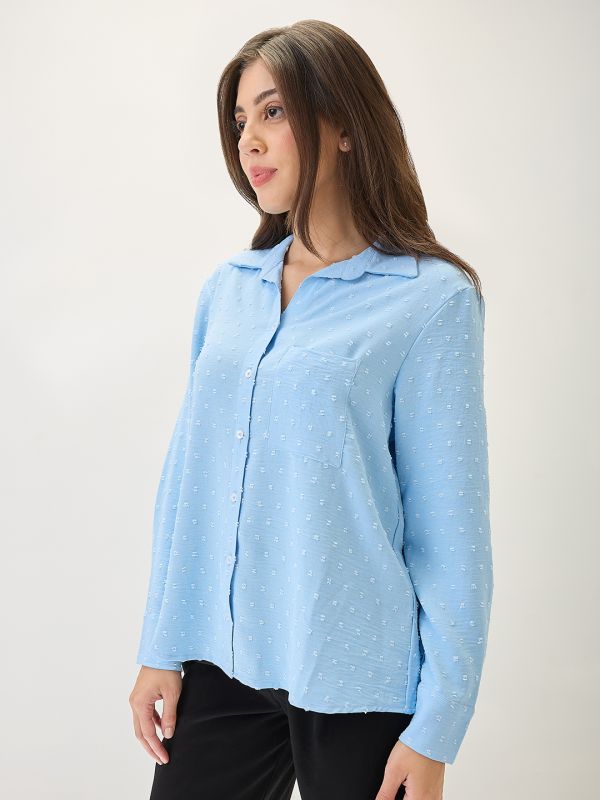 Globus Women Blue Cuffed Sleeves Self Design Chest Pocket Curved Hem Shirt