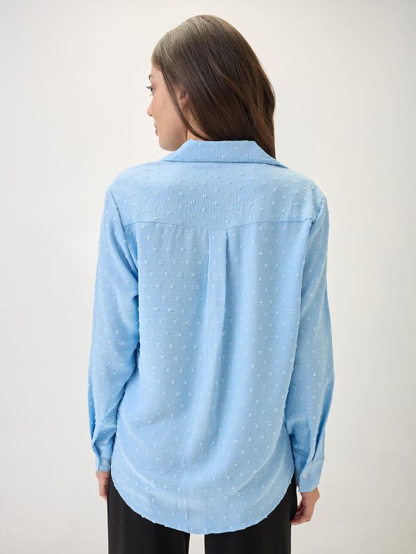 Globus Women Blue Cuffed Sleeves Self Design Chest Pocket Curved Hem Shirt