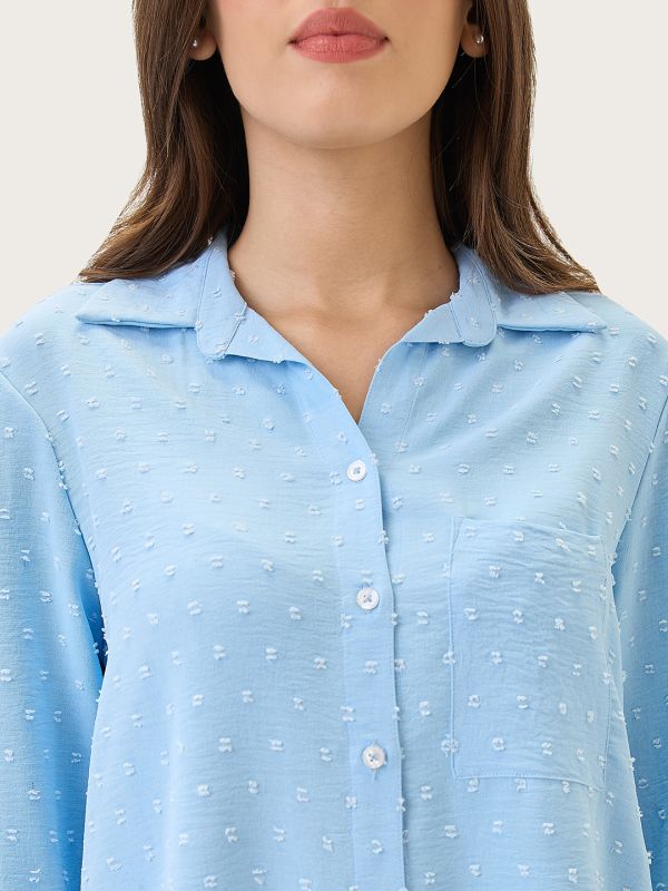 Globus Women Blue Cuffed Sleeves Self Design Chest Pocket Curved Hem Shirt