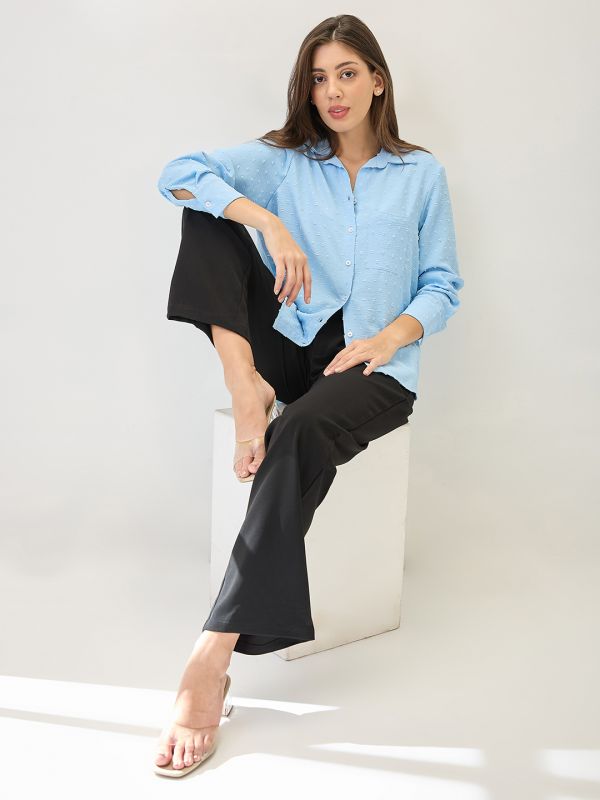 Globus Women Blue Cuffed Sleeves Self Design Chest Pocket Curved Hem Shirt
