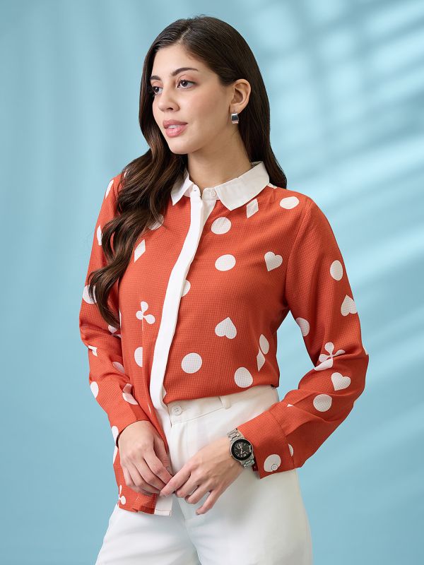 Globus Women Rust Printed Self Design Collared Neck Cuffed Sleeves Shirt