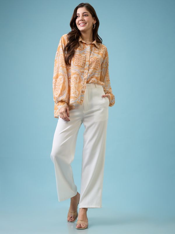 Globus Women Yellow Ethnic Print Spread Collar Puffed Cuff Sleeves Oversized Shirt