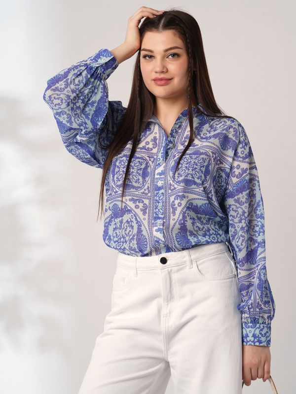 Globus Women Blue Ethnic Print Spread Collar Cuffed Sleeves Oversized Shirt