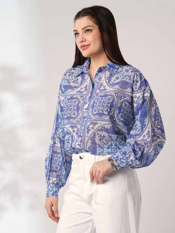 Globus Women Blue Ethnic Print Spread Collar Cuffed Sleeves Oversized Shirt